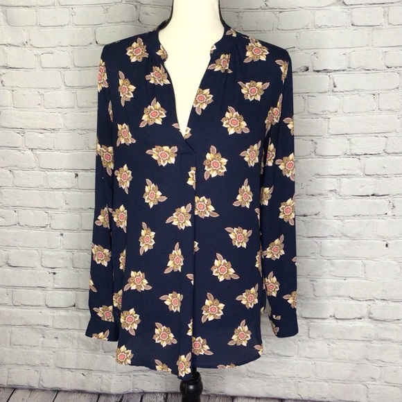 LOFT Navy Faraway Floral Split Neck Tunic Long Sleeve Roll Tab Pullover Small - Picture 2 of 16